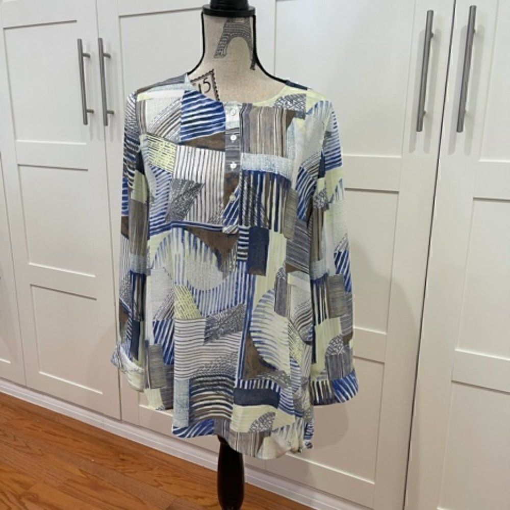 Chico's Green Blue Sheer Asymmetrical Long Sleeve